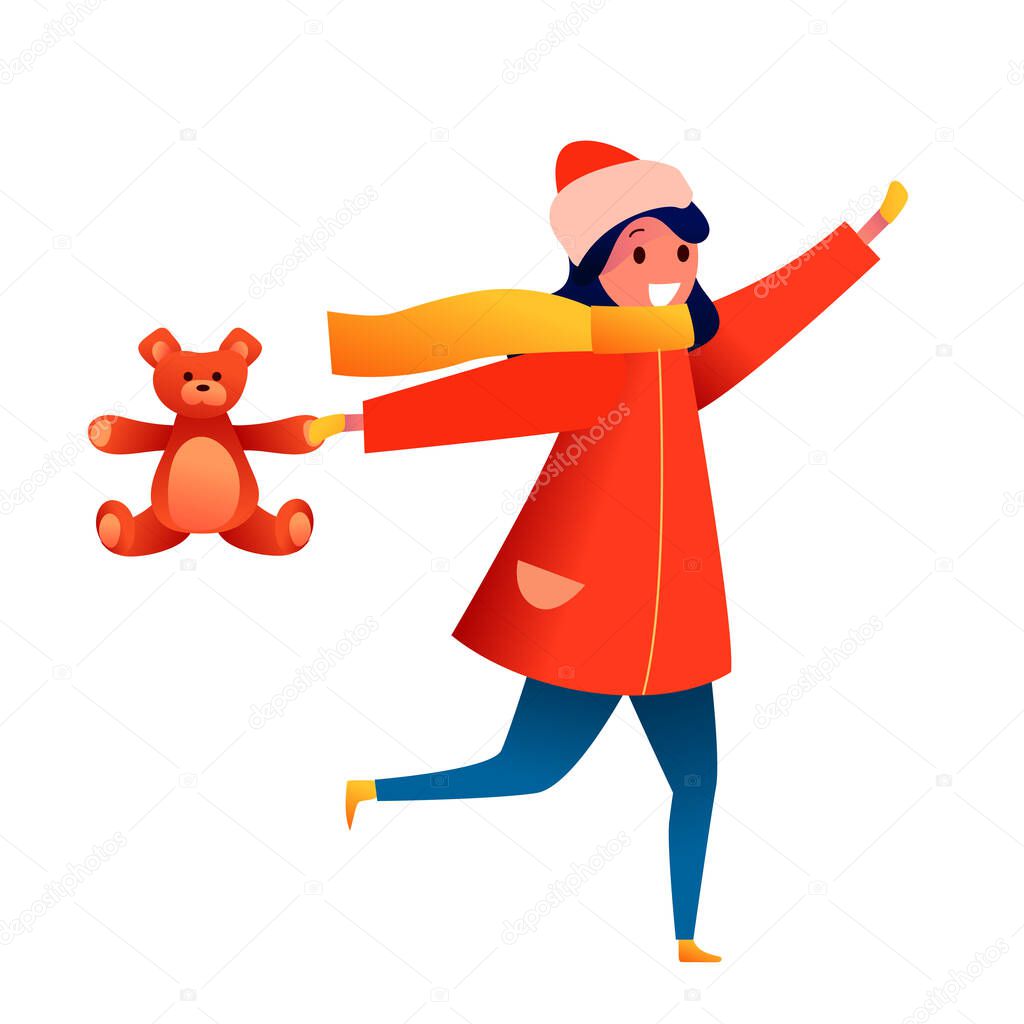 Vector flat girl kid with bear toy in santa hat