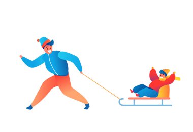 Vector mutlu baba ve oğul açık havada kayak yapıyor.