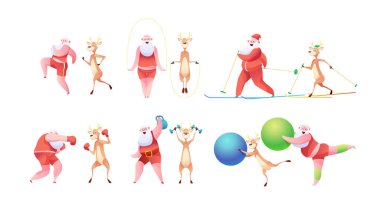 Vektör komik noel baba ve ren geyiği spor yapıyor
