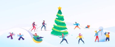 Vektör insanlar kışın dışarıda eğleniyorlar.