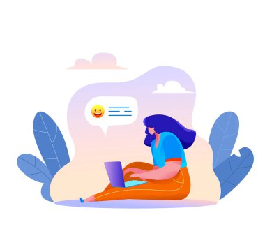 Vektör karikatürist dizüstü bilgisayarla mesaj gönderiyor