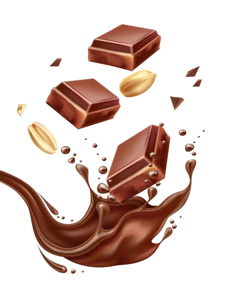 Vector realistisch chocolade stuk met 3D hazelnoot — Stockvector