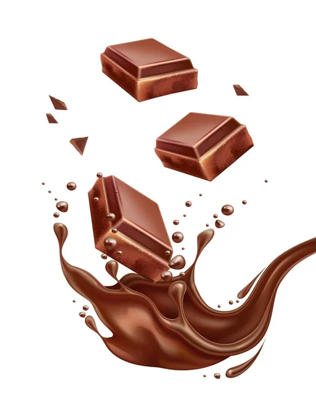 Vecteur réaliste éclaboussure de chocolat avec des morceaux de barre — Image vectorielle