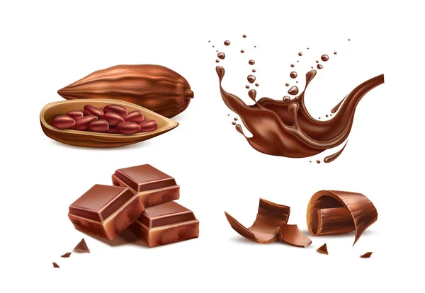 Vecteur réaliste éclaboussure de chocolat avec des morceaux de barre — Image vectorielle