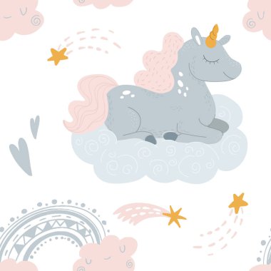 Şirin tek boynuzlu at bulutların üstünde uyuyor.