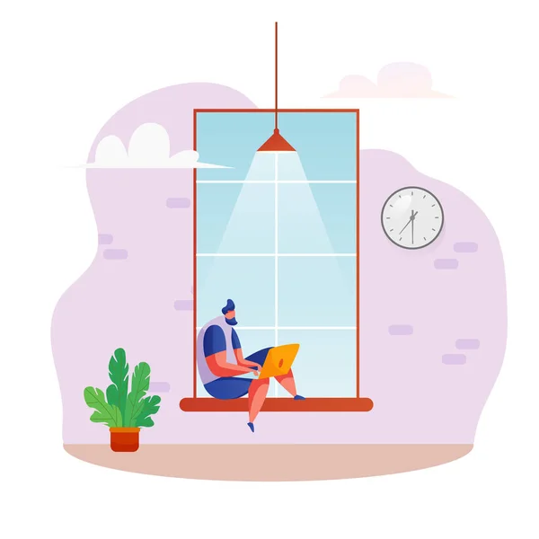 Vector freelancer sits at windowsill at coworking — 스톡 벡터