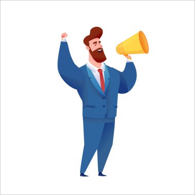 Takım elbiseli megafonlu vektör işadamı.