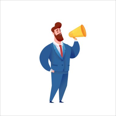 Takım elbiseli megafonlu vektör işadamı.