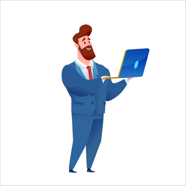 Vector business man in suit stands with laptop — Wektor stockowy