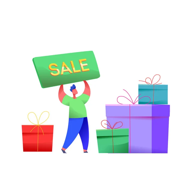 Vector man with sale poster present boxes — Stock Vector