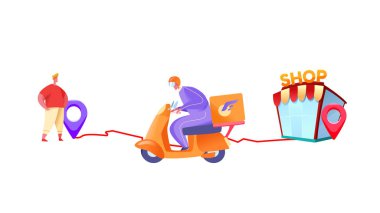 Vektör düz dağıtım kurye scooter dükkanı müşterisi