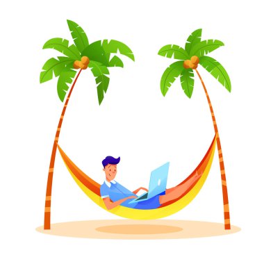 Plajda dizüstü bilgisayar kullanan vektör genç adam.