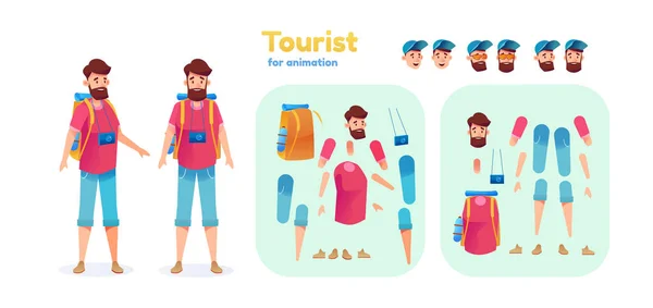 Vector dibujos animados excursionista trekker conjunto de animación turística — Vector de stock