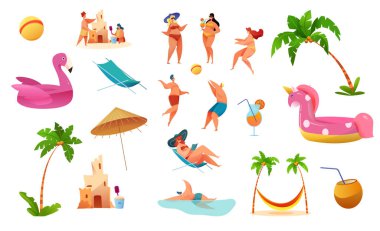 Vektör karikatür yaz plaj tatil sembolleri ayarlandı