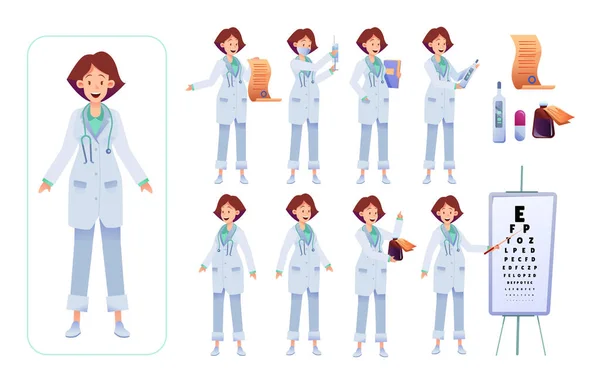 Vector plana mujer doctor animación creación conjunto — Archivo Imágenes Vectoriales