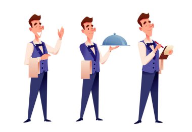 Restoranda şampanya taşıyan vektör çizgi film garsonu.