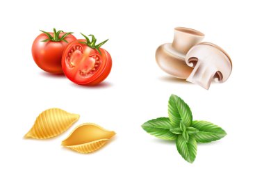 Vektör konchiglie makarna domates fesleğen mantarı seti