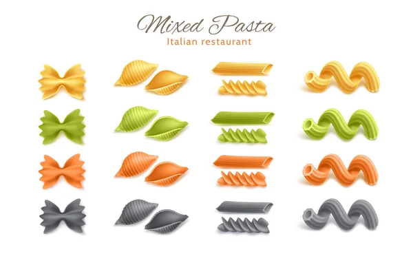 Conjunto de tipos de espaguetis de pasta italiana realista vectorial — Vector de stock