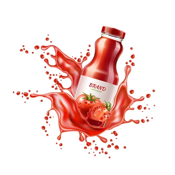 Vector realista jugo de tomate botella de vidrio salpicadura — Vector de stock