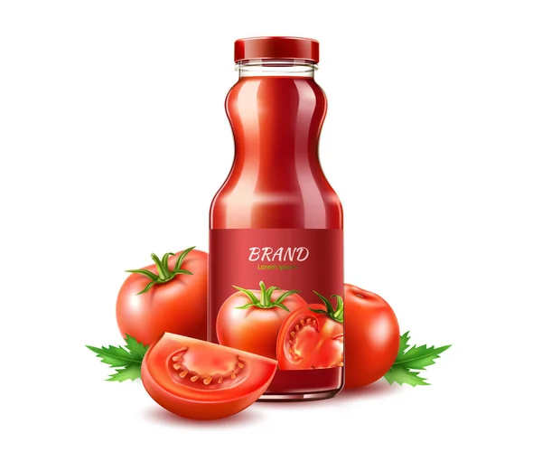 Vektor realistik jus tomat botol gelas matang - Stok Vektor