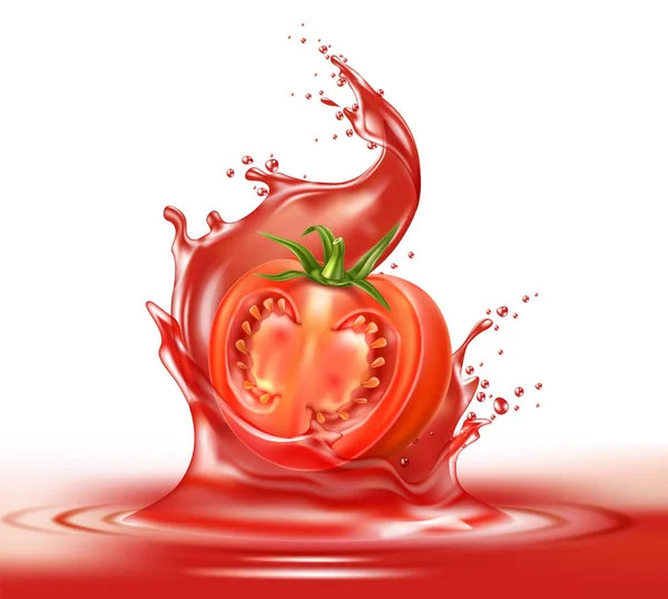 Vector realistische rijpe tomaat rood sap splash — Stockvector