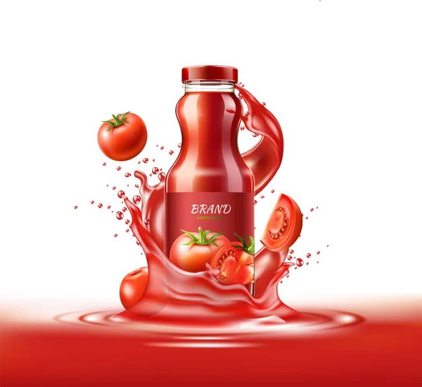 Векторный реалистичный всплеск стеклянной бутылки томатного сока — стоковый вектор