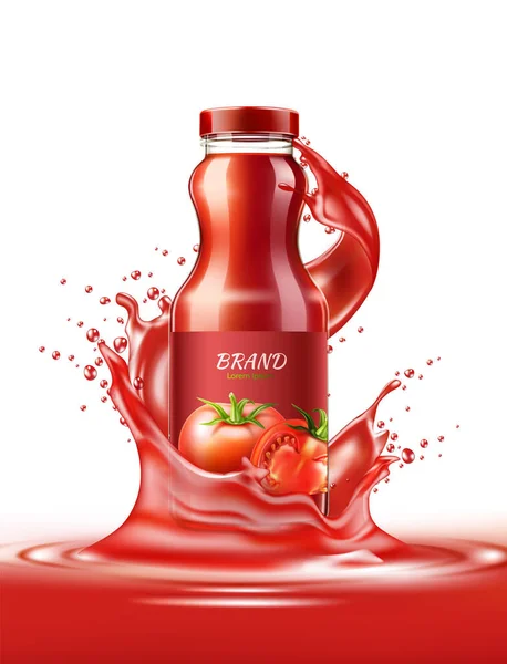 Wektor realistyczny sok pomidorowy butelka szklana splash — Wektor stockowy