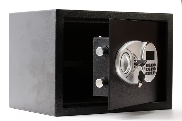 Caja de seguridad de metal negro abierto con sistema de bloqueo numérico — Foto de Stock