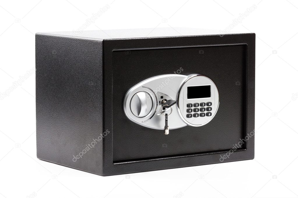 Black metal safe box with numeric keypad locked system and keys