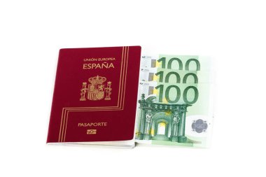 Spanish passport with european union currency banknote clipart
