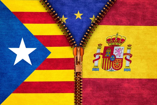 Fermeture éclair séparant la Catalogne et l'Espagne avec l'Europe sur fond . Images De Stock Libres De Droits