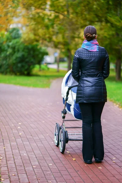 o güzel sarı sonbahar Park'ta yürüyüş yapraklar ederken genç Kafkas kadın beyaz bebek arabası itiyor