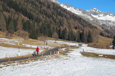 Herdem yeşil orman vadide ilk karla kaplı. Dolomites içinde peyzaj