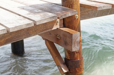 Mavi gökyüzünün altında platform İskelesi ahşap deniz yanında .