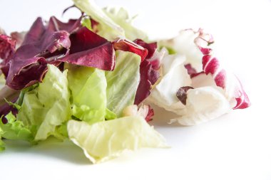 Beyaz arka plan üzerinde seçici odak izole radicchio ve yeşil marul salatası ve ve kontrollü bulanıklık .