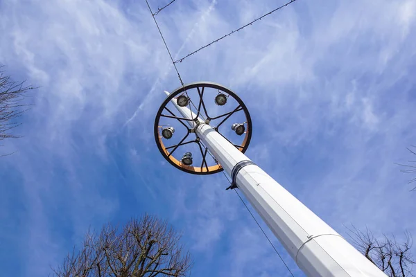 highway light lamp pole in blue sky .