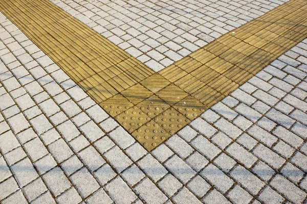 Sidewalk Guides Blind Yellow Concrete Cobblestones Walkway Blindness People — Stock Photo, Image