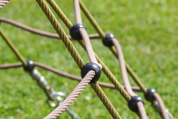 Detail van gekruiste rode touwen in groene rug — Stockfoto