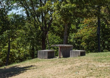 Yeşil bir çayırda piknik masası ve arka planda ağaçlar.