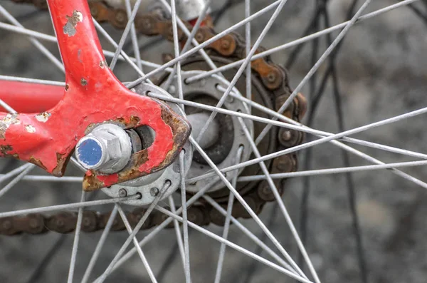 Nahaufnahme zeigt Details von Speichen und Gängen an einem roten Fahrrad. — Stockfoto