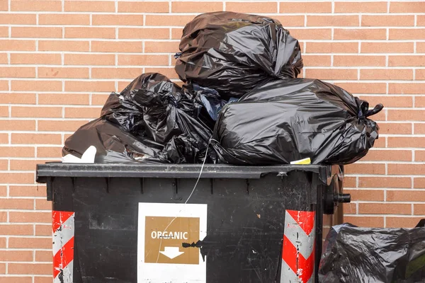 В мусорных баках полно мусора. полный мусорный контейнер — стоковое фото