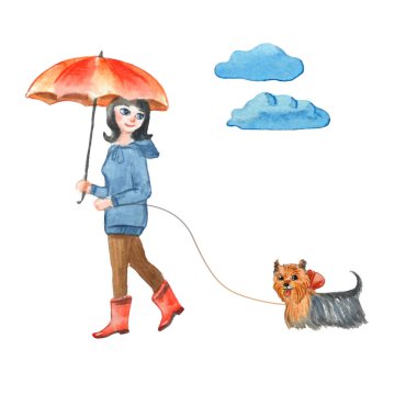 Şemsiyeli bir kız köpeği gezdirir. ca içinde suluboya illüstrasyon