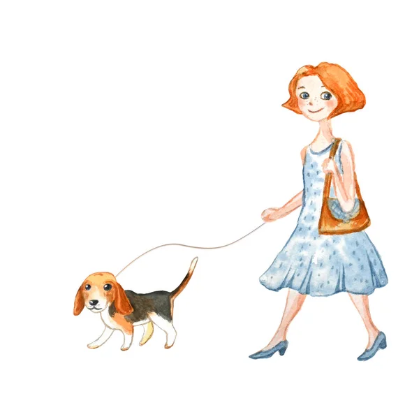 Mavi elbiseli bir kız bir köpekle yürür. Suluboya çizimi