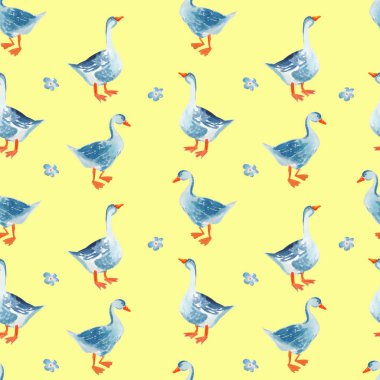 Kümes hayvanları dikişsiz desen: Suluboya çizgi film kazları izole edilmiş 