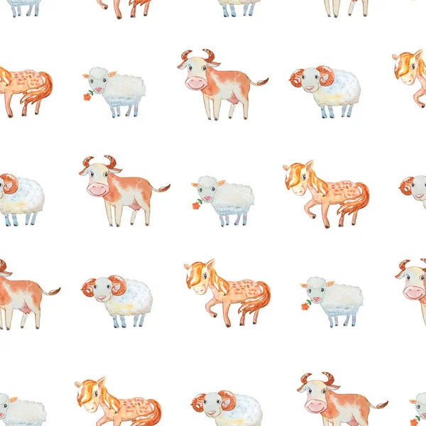 Nahtloses Muster mit niedlichen Haustieren - Pferd, Kuh, Schaf, — Stockfoto