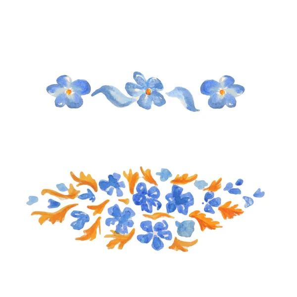Μπλε Μοτίβα Λουλουδιών Που Απομονώνονται Στο Λευκό Εικονογράφηση Υδατογραφίας — Φωτογραφία Αρχείου