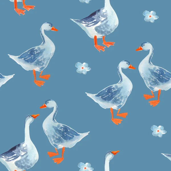 Kusursuz desen: Mavi çuval üzerinde izole edilmiş suluboya çizgi film kazları — Stok fotoğraf