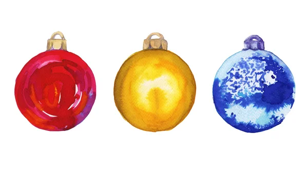 Colored Christmas balls on the tree. Watercolor illustration. Isolated. — Stock Photo, Image