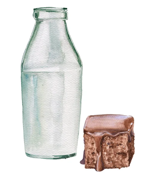 Botella de vidrio de leche y pastel de chocolate. Ilustración en acuarela. Aislado . —  Fotos de Stock