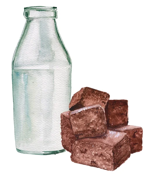 Glass bottle of milk and chocolate cake. Watercolor illustration. Isolated. — Stock Photo, Image